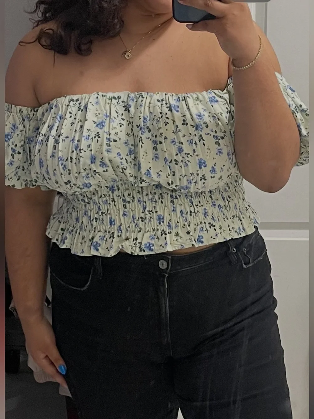 Smocked Off-Shoulder Blouse in Sage with Blue Floral